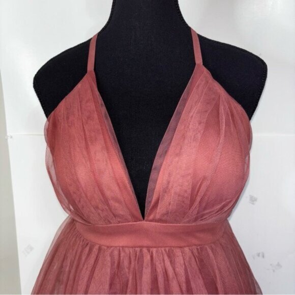 HAUTE MONDE PLUNGING-V CRISSCROSS OPEN BACK TULLE DRESS L DEEP ROSE FAIRYCORE - Picture 5 of 11